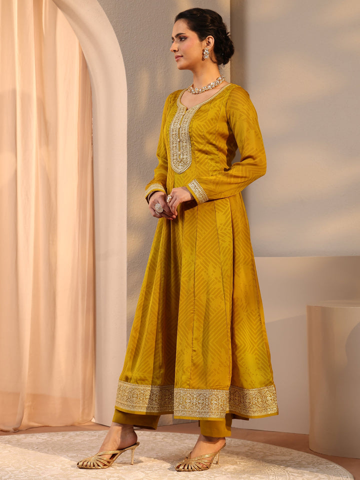 Mustard Embroidered Chiffon Anarkali Suit Set With Dupatta