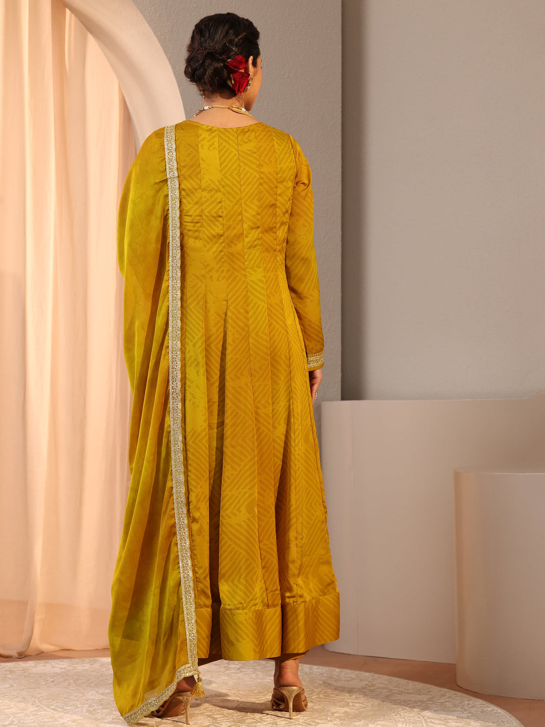 Mustard Embroidered Chiffon Anarkali Suit Set With Dupatta