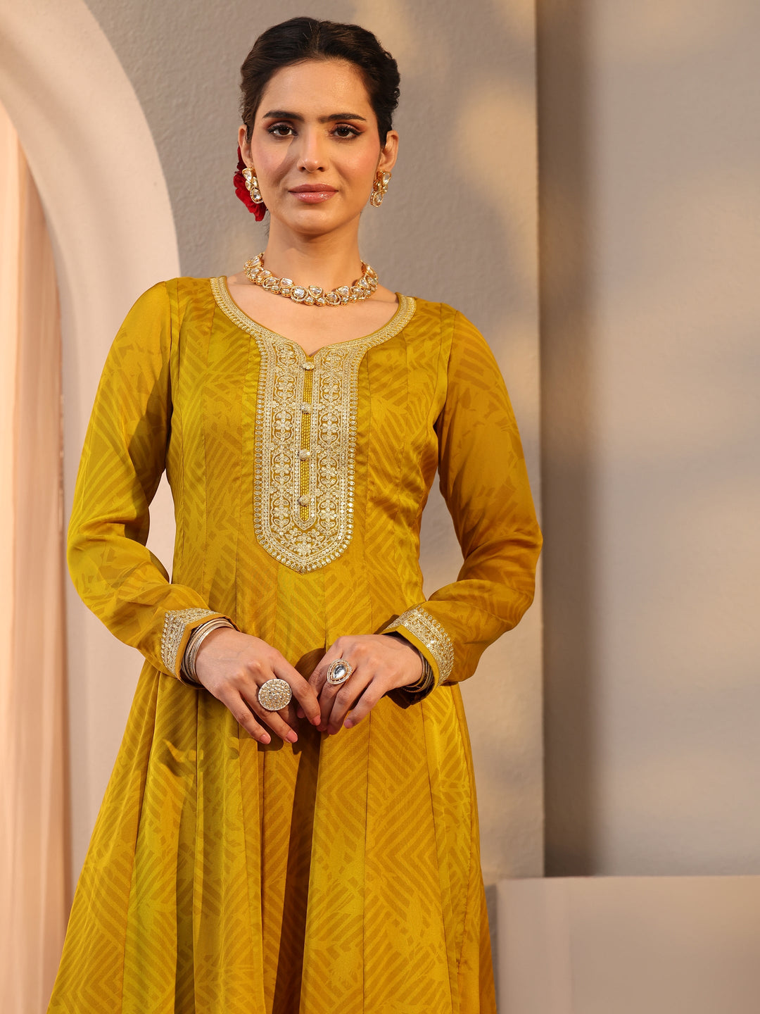 Mustard Embroidered Chiffon Anarkali Suit Set With Dupatta
