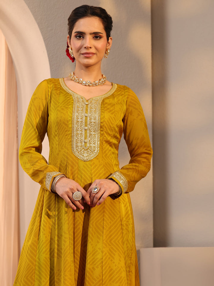Mustard Embroidered Chiffon Anarkali Suit Set With Dupatta
