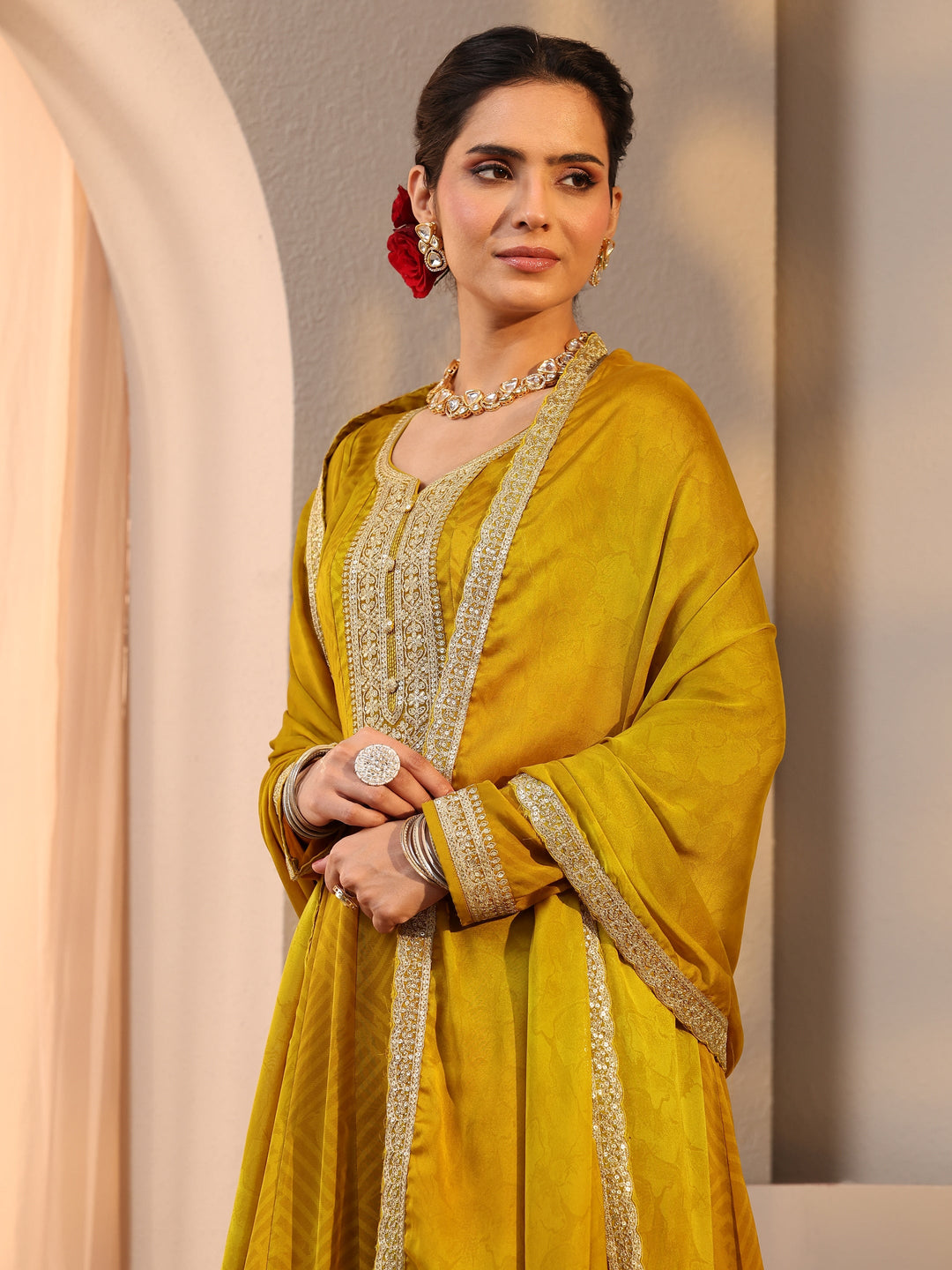 Mustard Embroidered Chiffon Anarkali Suit Set With Dupatta