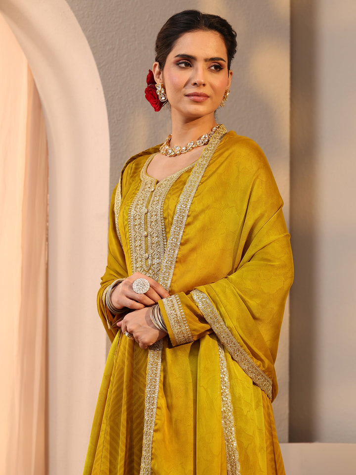Mustard Embroidered Chiffon Anarkali Suit Set With Dupatta