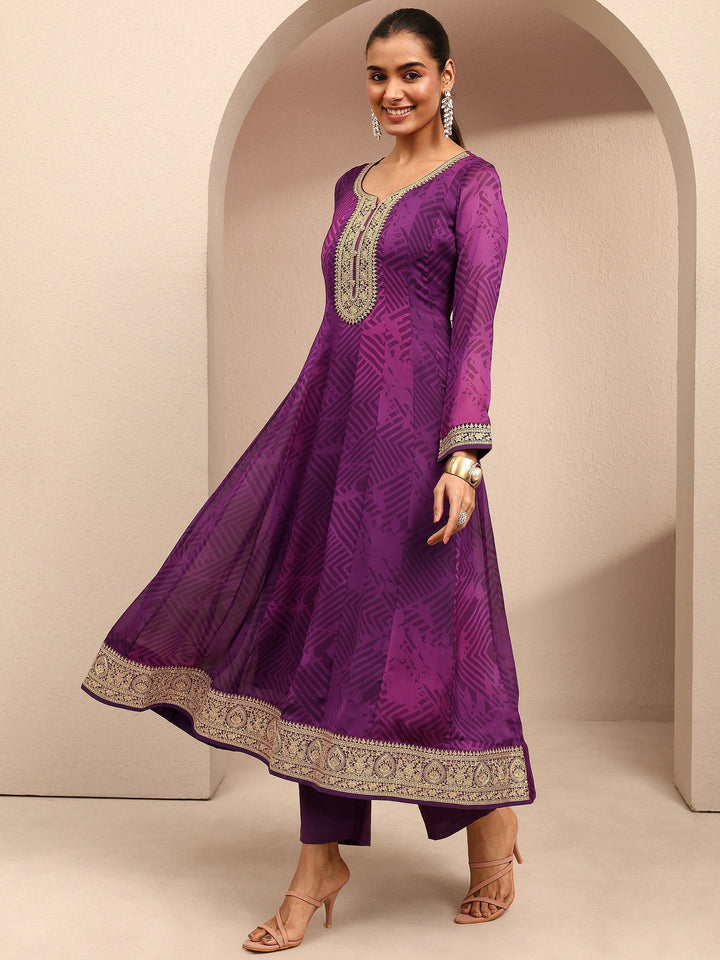 Purple Printed Chiffon Anarkali Suit Set With Dupatta