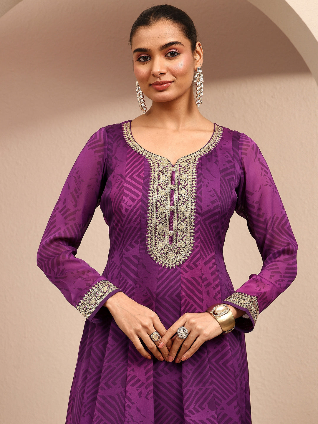 Purple Printed Chiffon Anarkali Suit Set With Dupatta