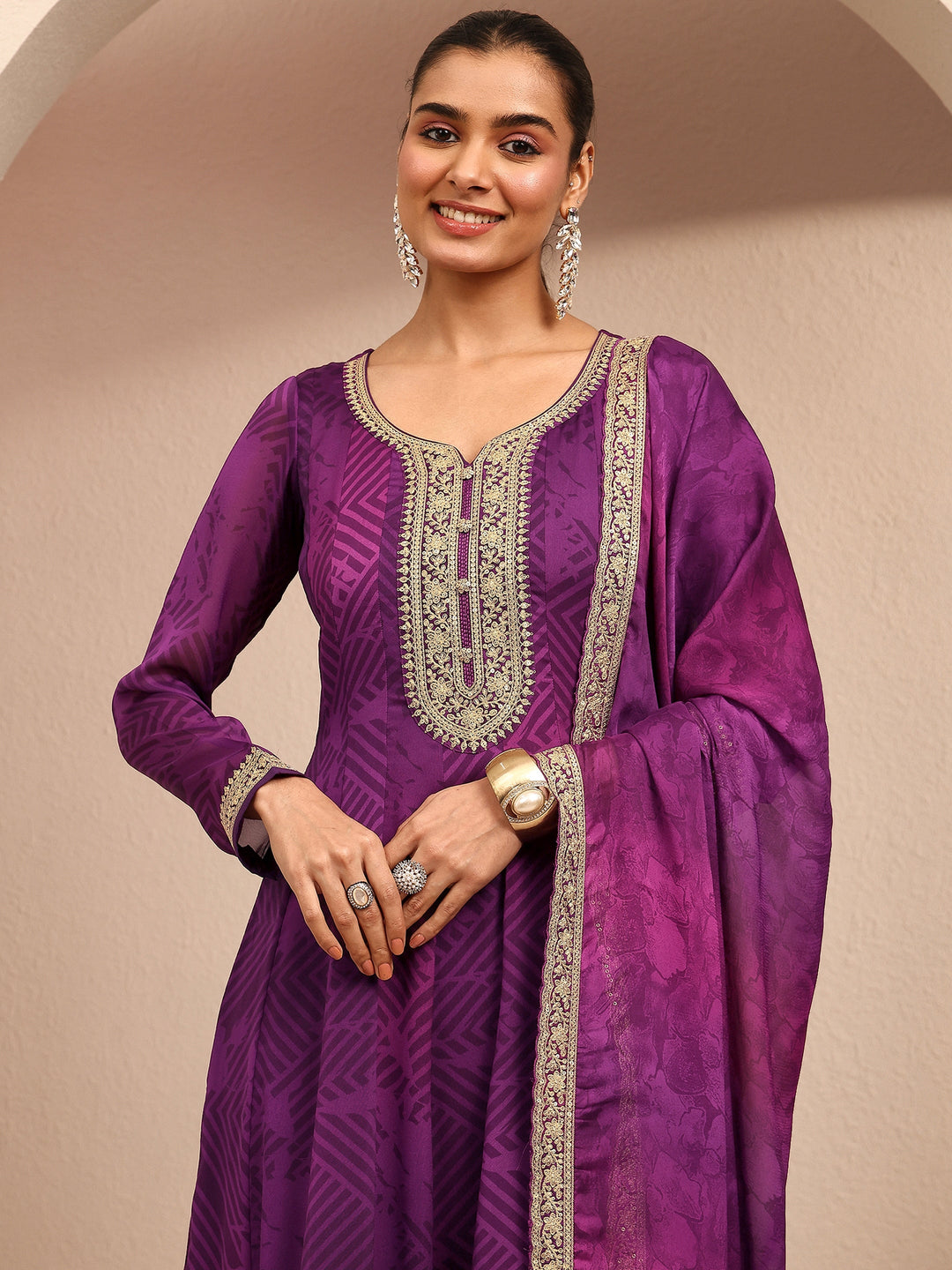 Purple Printed Chiffon Anarkali Suit Set With Dupatta