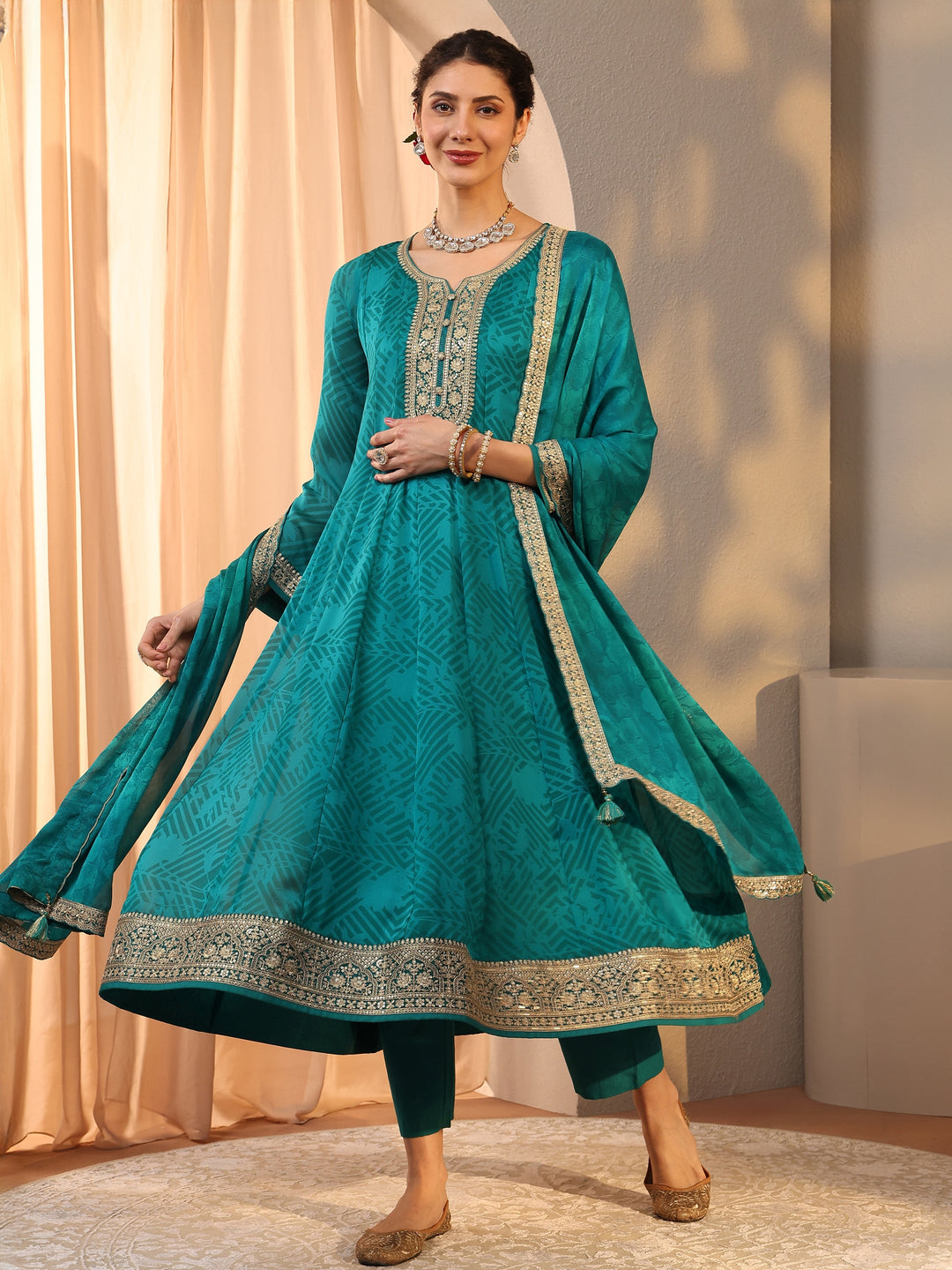 Teal Embroidered Chiffon Anarkali Suit Set With Dupatta