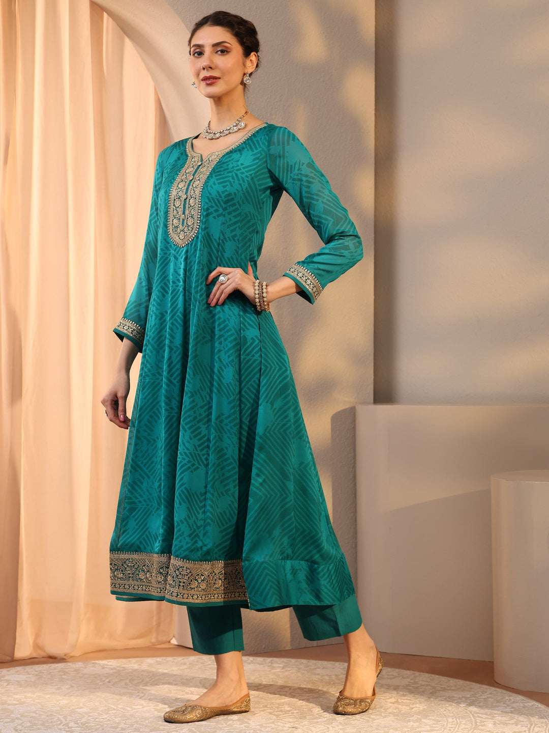 Teal Embroidered Chiffon Anarkali Suit Set With Dupatta