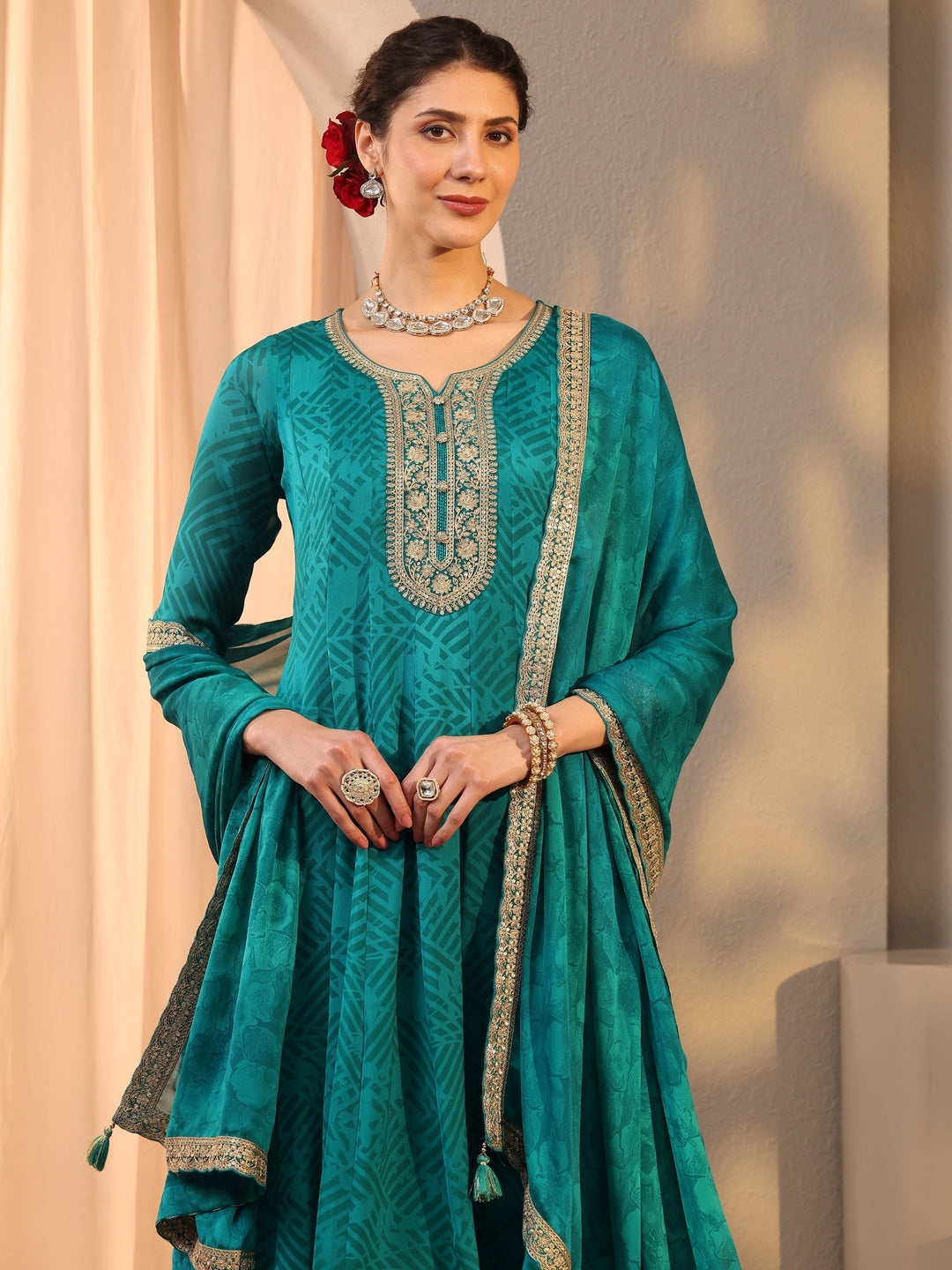 Teal Embroidered Chiffon Anarkali Suit Set With Dupatta