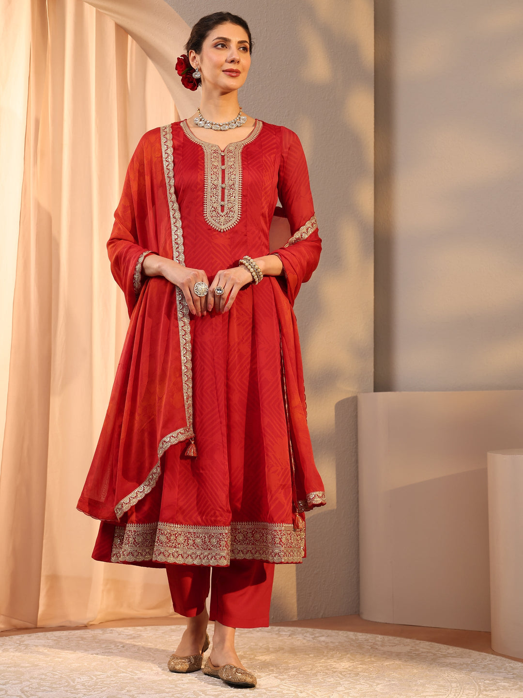 red chiffon anarkali dress Festive Red Pink Grey Chiffon Floral Print Anarkali Suit Set
