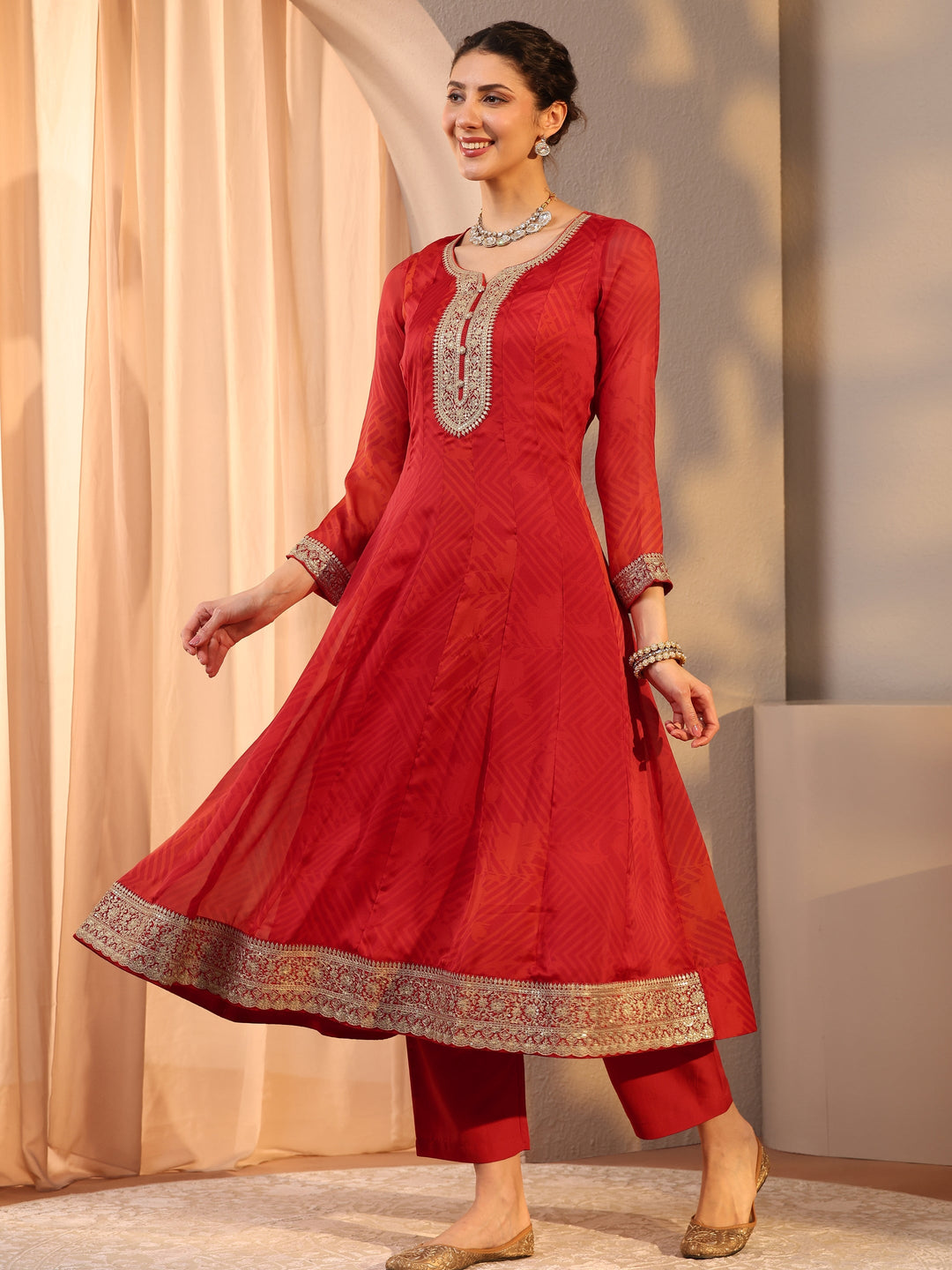 Red Embroidered Chiffon Anarkali Suit Set With Dupatta