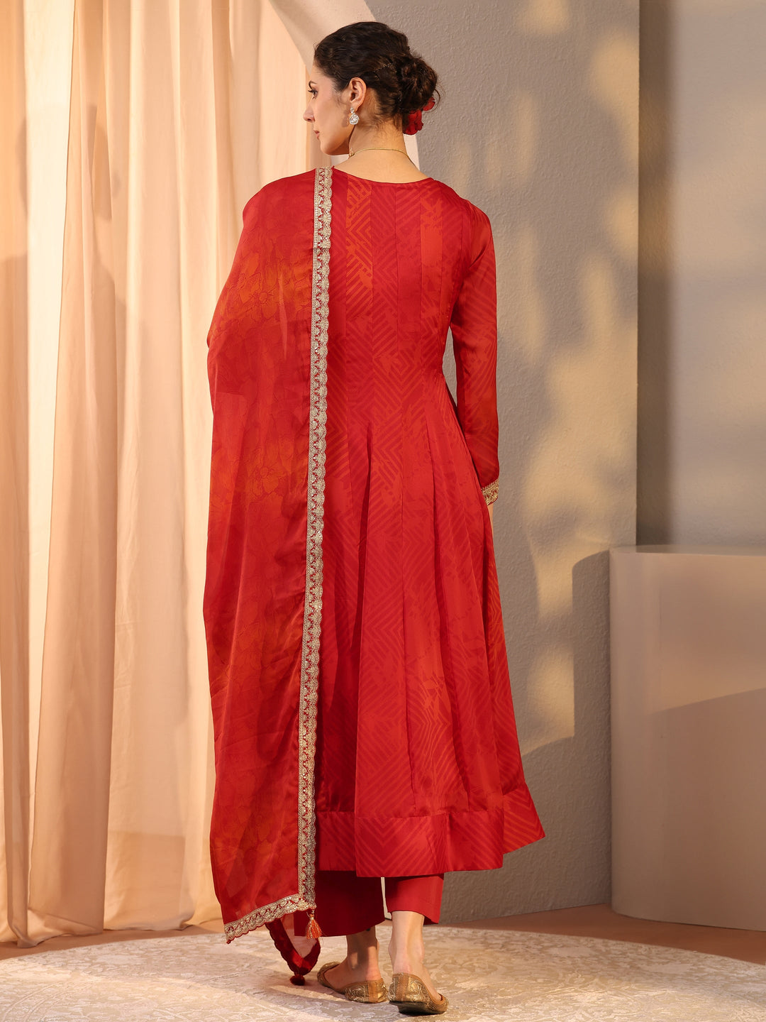 Red Embroidered Chiffon Anarkali Suit Set With Dupatta