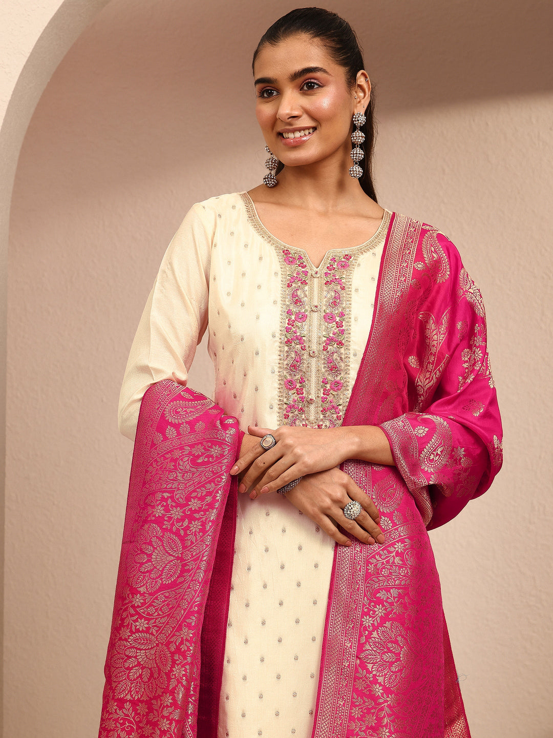 Cream Embroidered Silk Blend Straight Suit Set With Dupatta