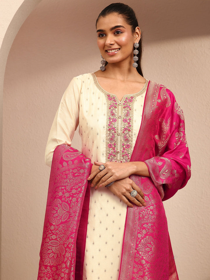 Cream Embroidered Silk Blend Straight Suit Set With Dupatta
