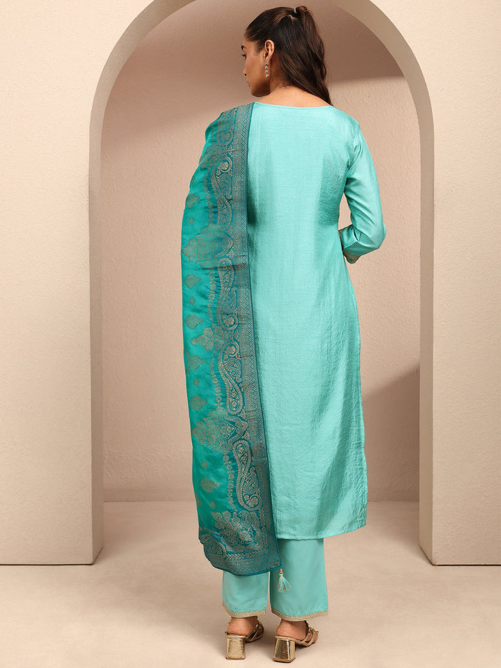 Blue Embroidered Silk Blend Straight Suit Set With Dupatta