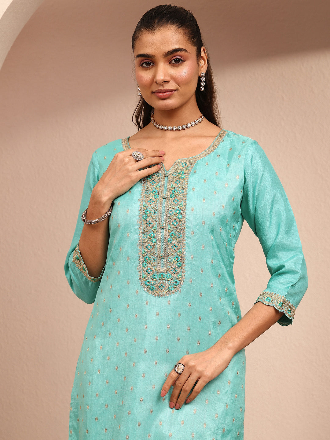 Blue Embroidered Silk Blend Straight Suit Set With Dupatta