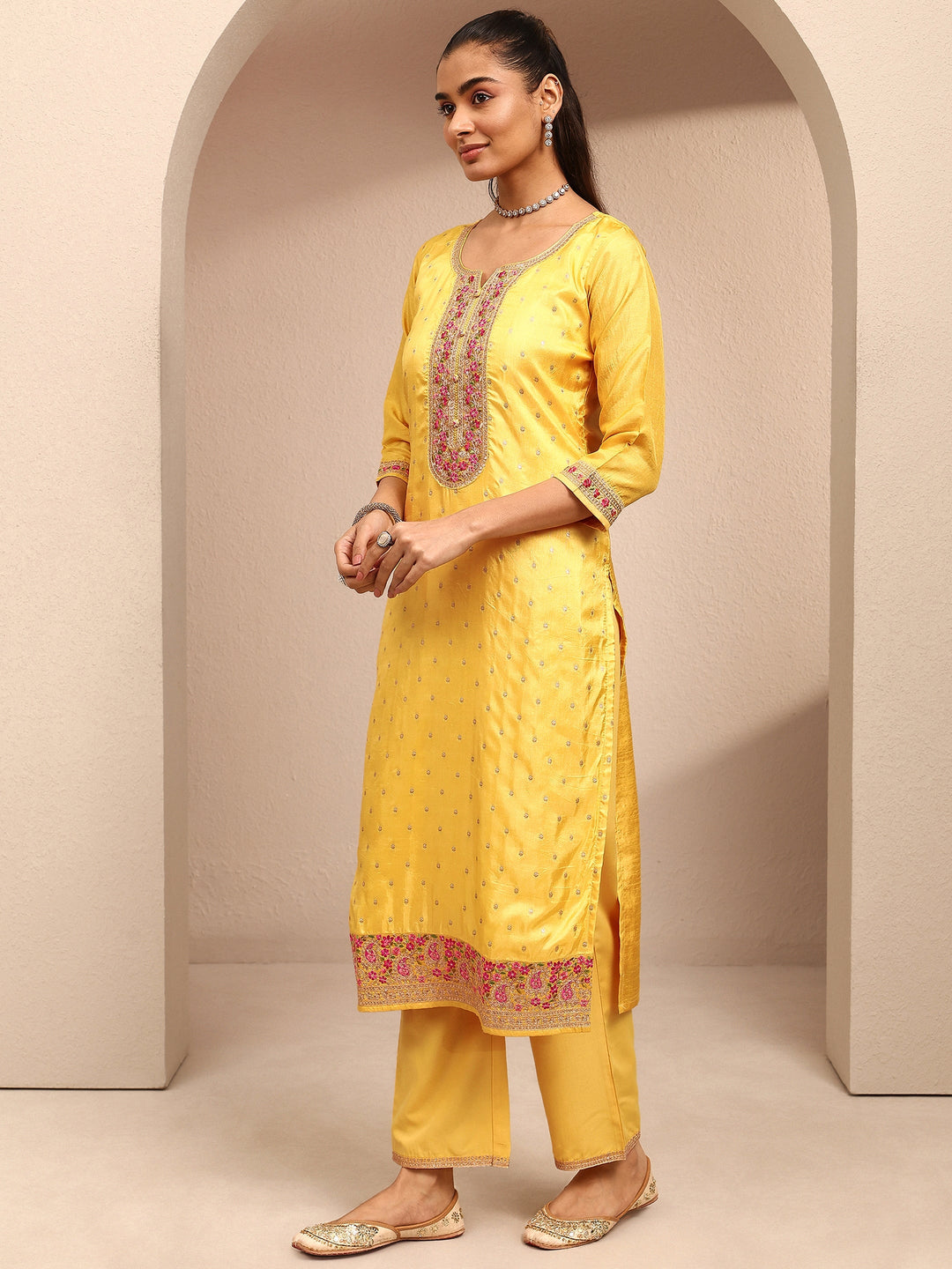 Mustard Embroidered Silk Blend Straight Suit Set With Dupatta