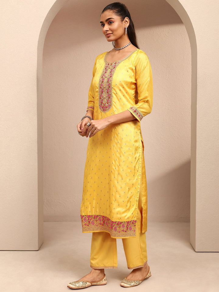 Mustard Embroidered Silk Blend Straight Suit Set With Dupatta