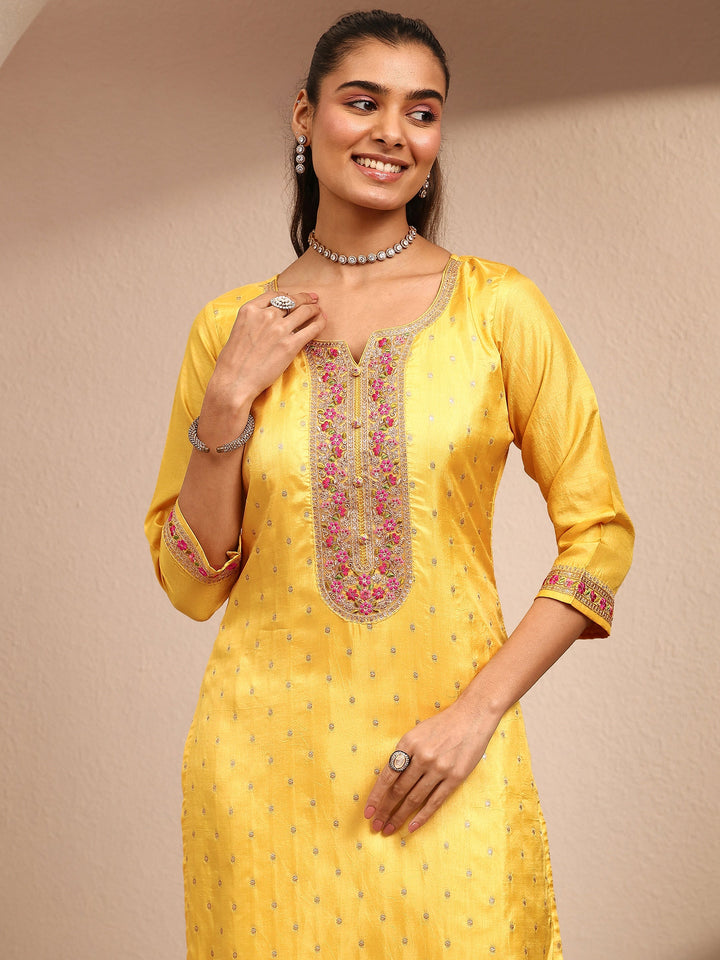 Mustard Embroidered Silk Blend Straight Suit Set With Dupatta