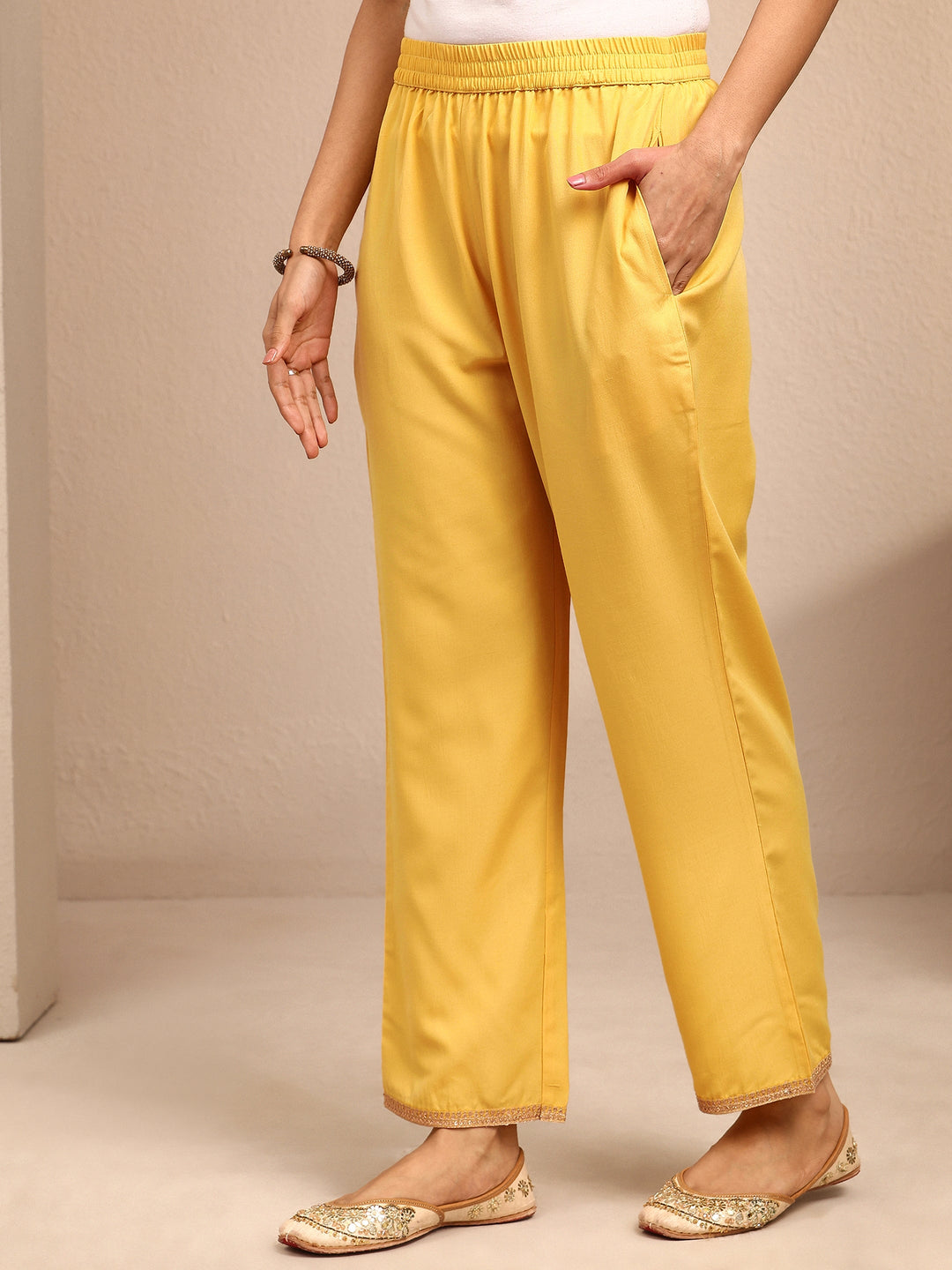 Mustard Embroidered Silk Blend Straight Suit Set With Dupatta