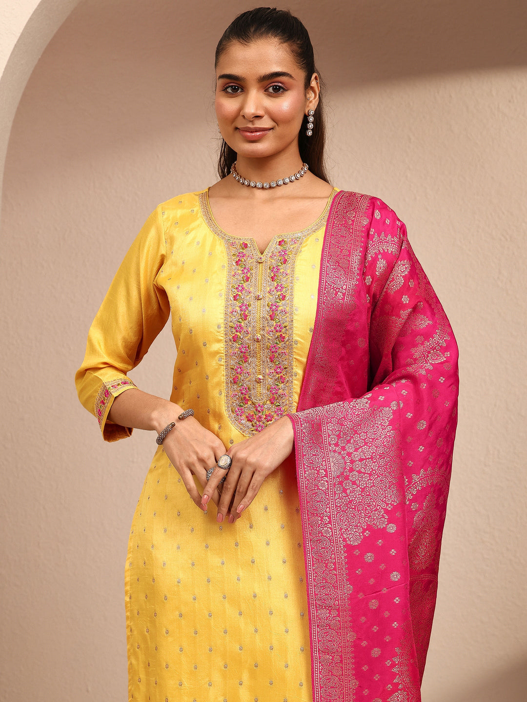 Mustard Embroidered Silk Blend Straight Suit Set With Dupatta