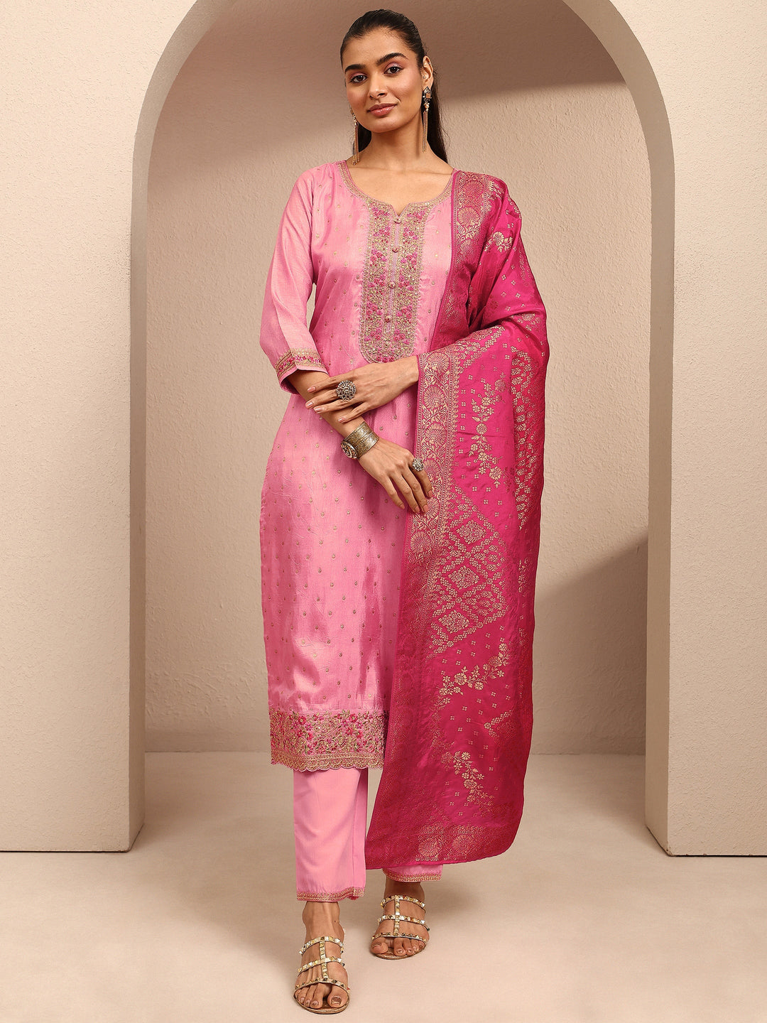 Pink Embroidered Silk Blend Straight Suit Set With Dupatta