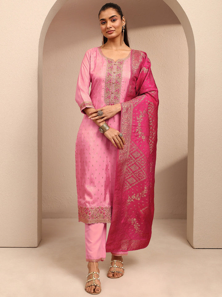 Pink Embroidered Silk Blend Straight Suit Set With Dupatta