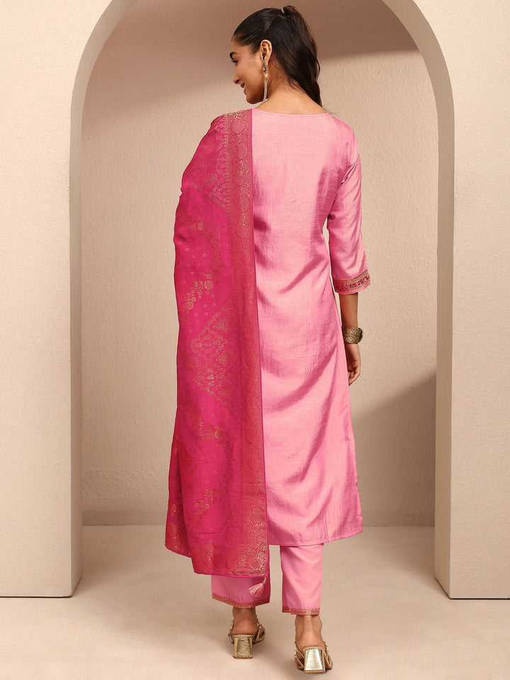 Pink Embroidered Silk Blend Straight Suit Set With Dupatta