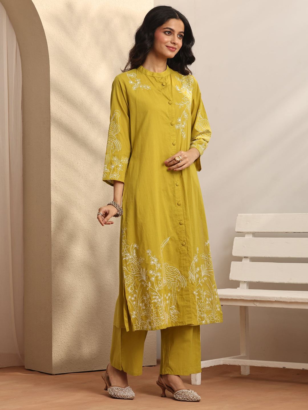 Mustard Embroidered Cotton Straight Suit Set With Dupatta
