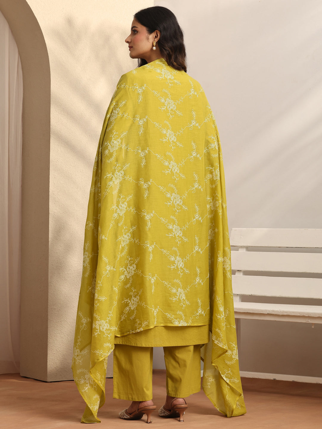 Mustard Embroidered Cotton Straight Suit Set With Dupatta