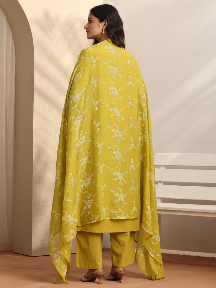 Mustard Embroidered Cotton Straight Suit Set With Dupatta