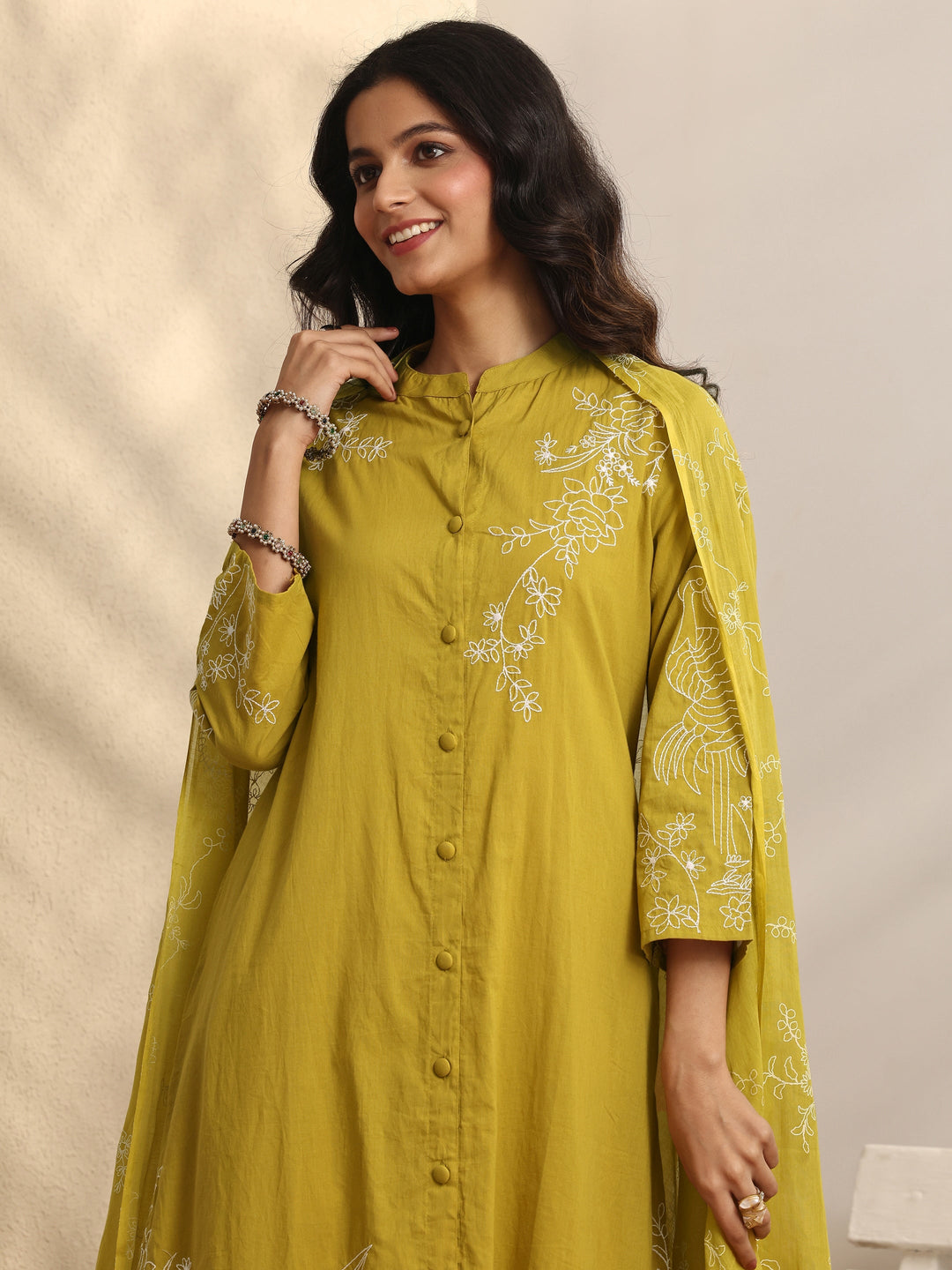 Mustard Embroidered Cotton Straight Suit Set With Dupatta