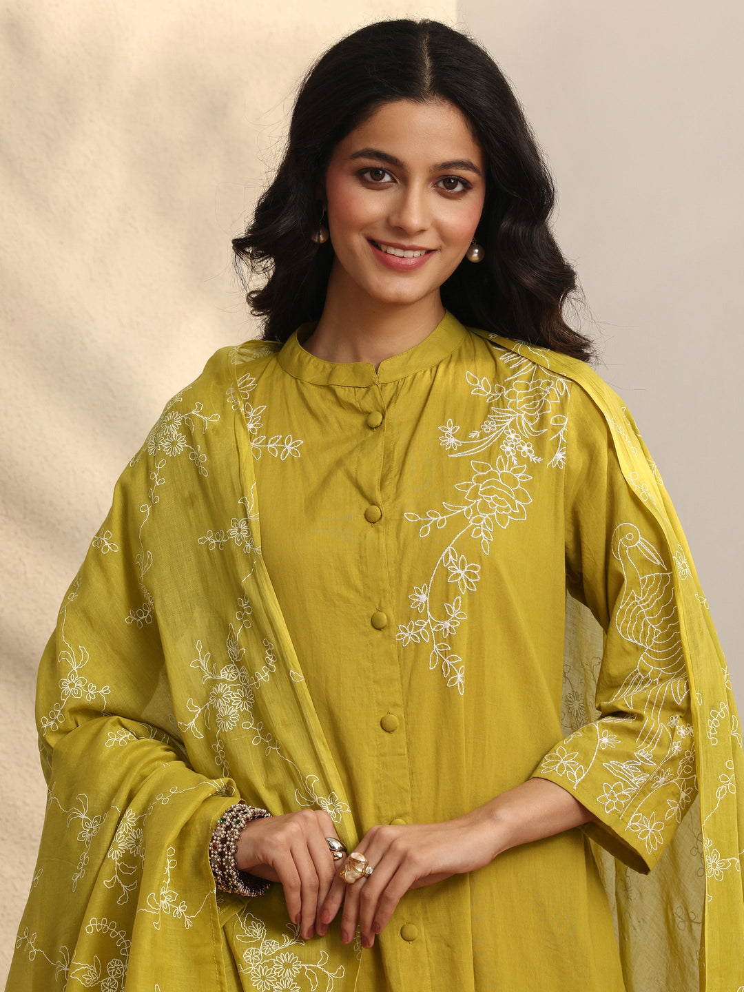 Mustard Embroidered Cotton Straight Suit Set With Dupatta