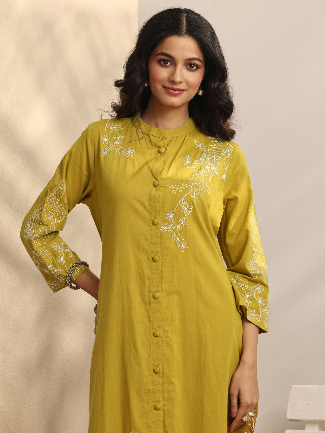 Mustard Embroidered Cotton Straight Suit Set With Dupatta