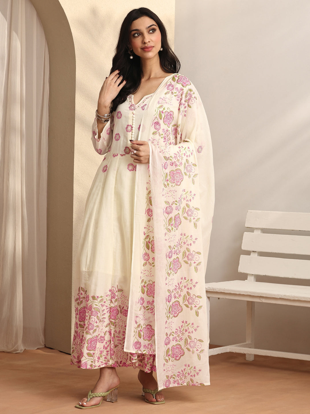 Off white Printed Cotton Anarkali Suit Set With Dupatta