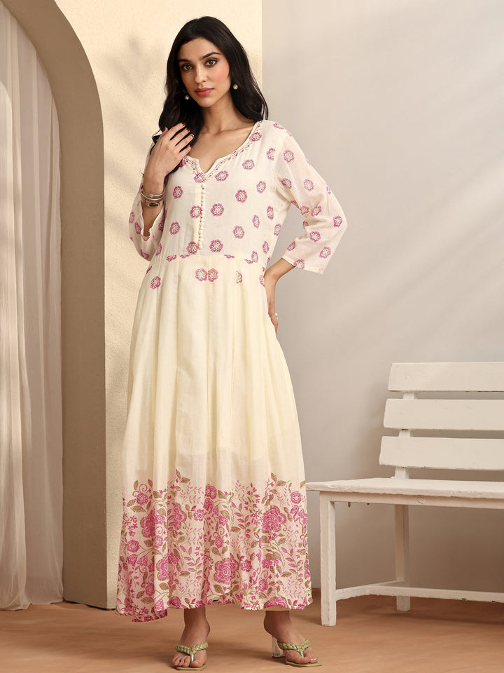 Off white Printed Cotton Anarkali Suit Set With Dupatta