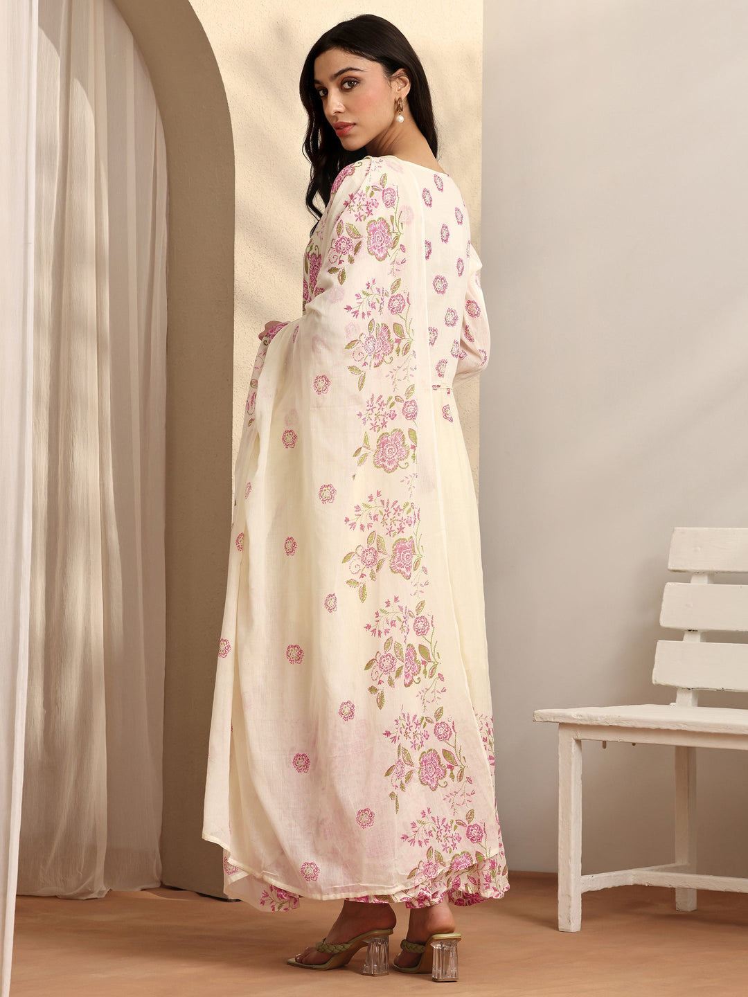 Off white Printed Cotton Anarkali Suit Set With Dupatta