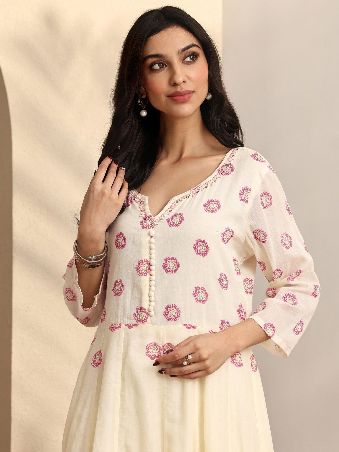 Off white Printed Cotton Anarkali Suit Set With Dupatta