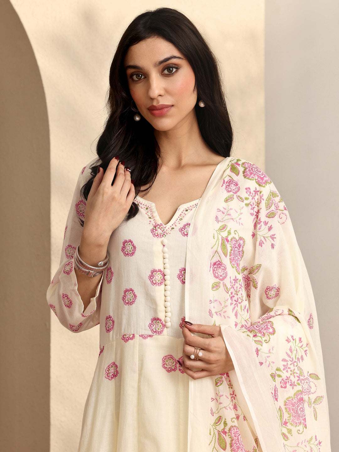 Off white Printed Cotton Anarkali Suit Set With Dupatta