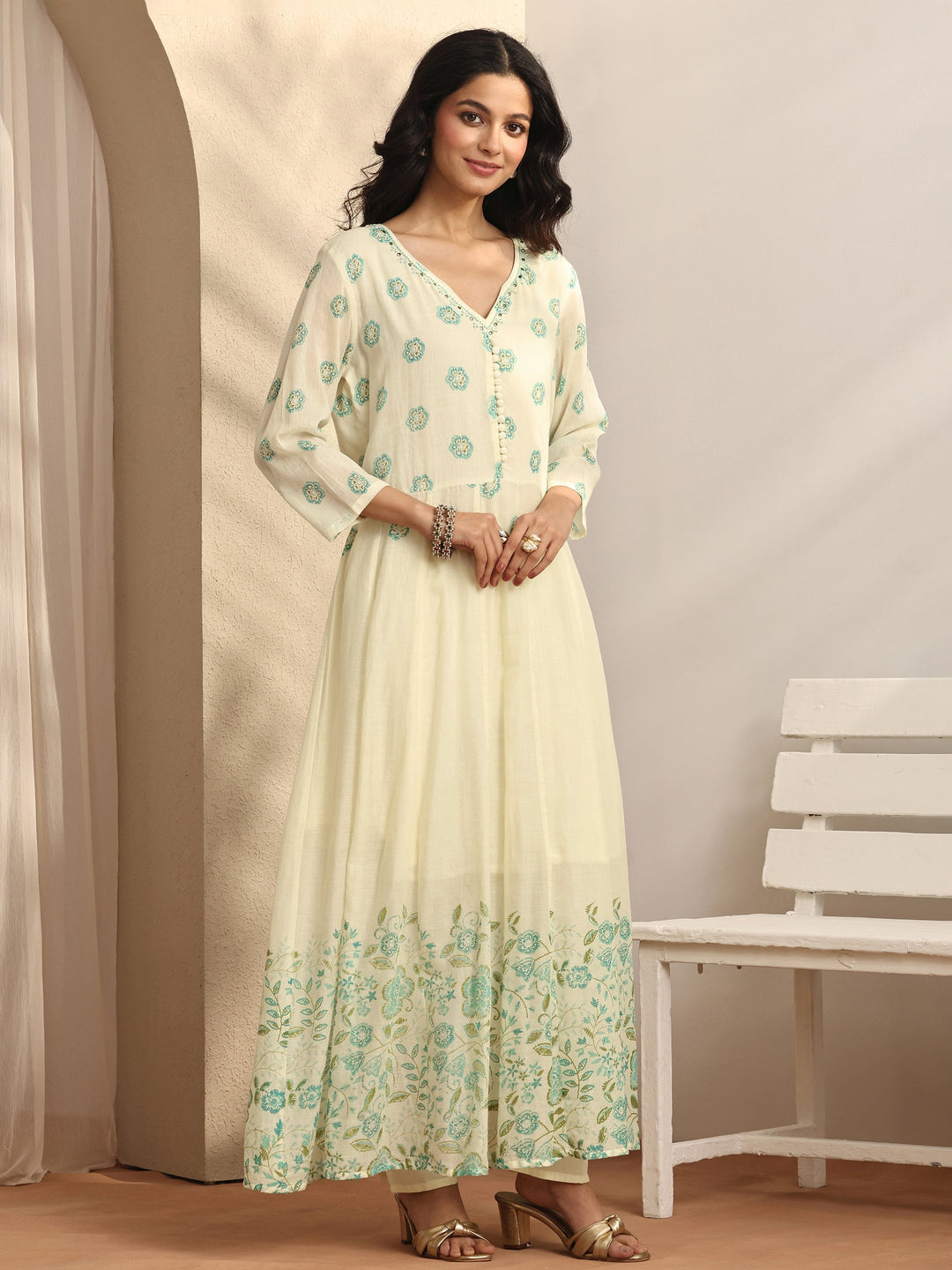 Off white Printed Cotton Anarkali Suit Set With Dupatta