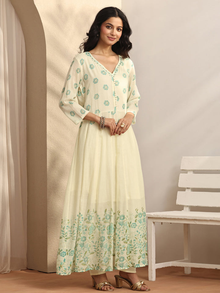 Off white Printed Cotton Anarkali Suit Set With Dupatta