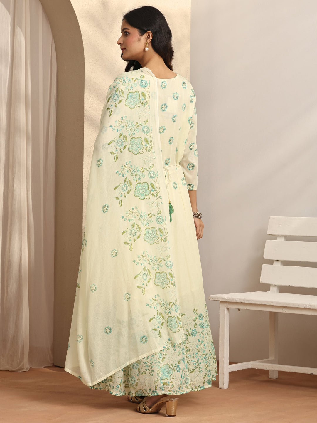Off white Printed Cotton Anarkali Suit Set With Dupatta
