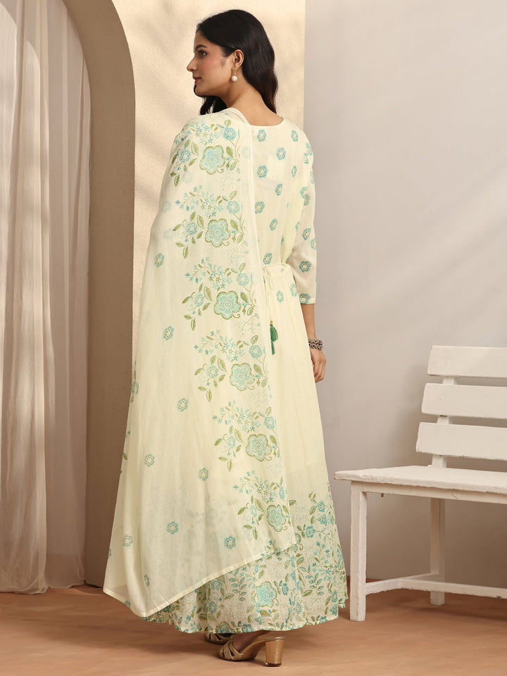 Off white Printed Cotton Anarkali Suit Set With Dupatta