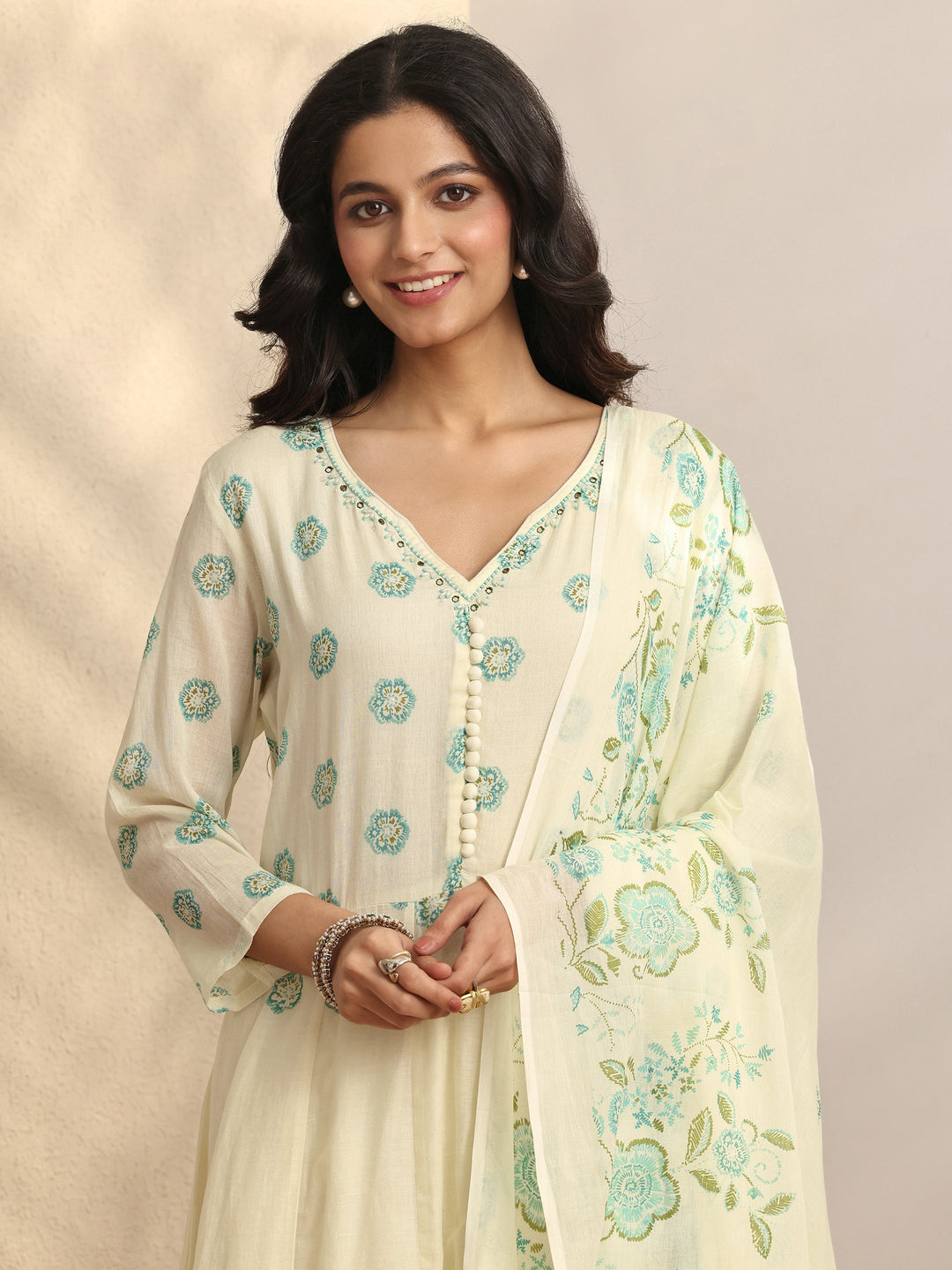 Off white Printed Cotton Anarkali Suit Set With Dupatta