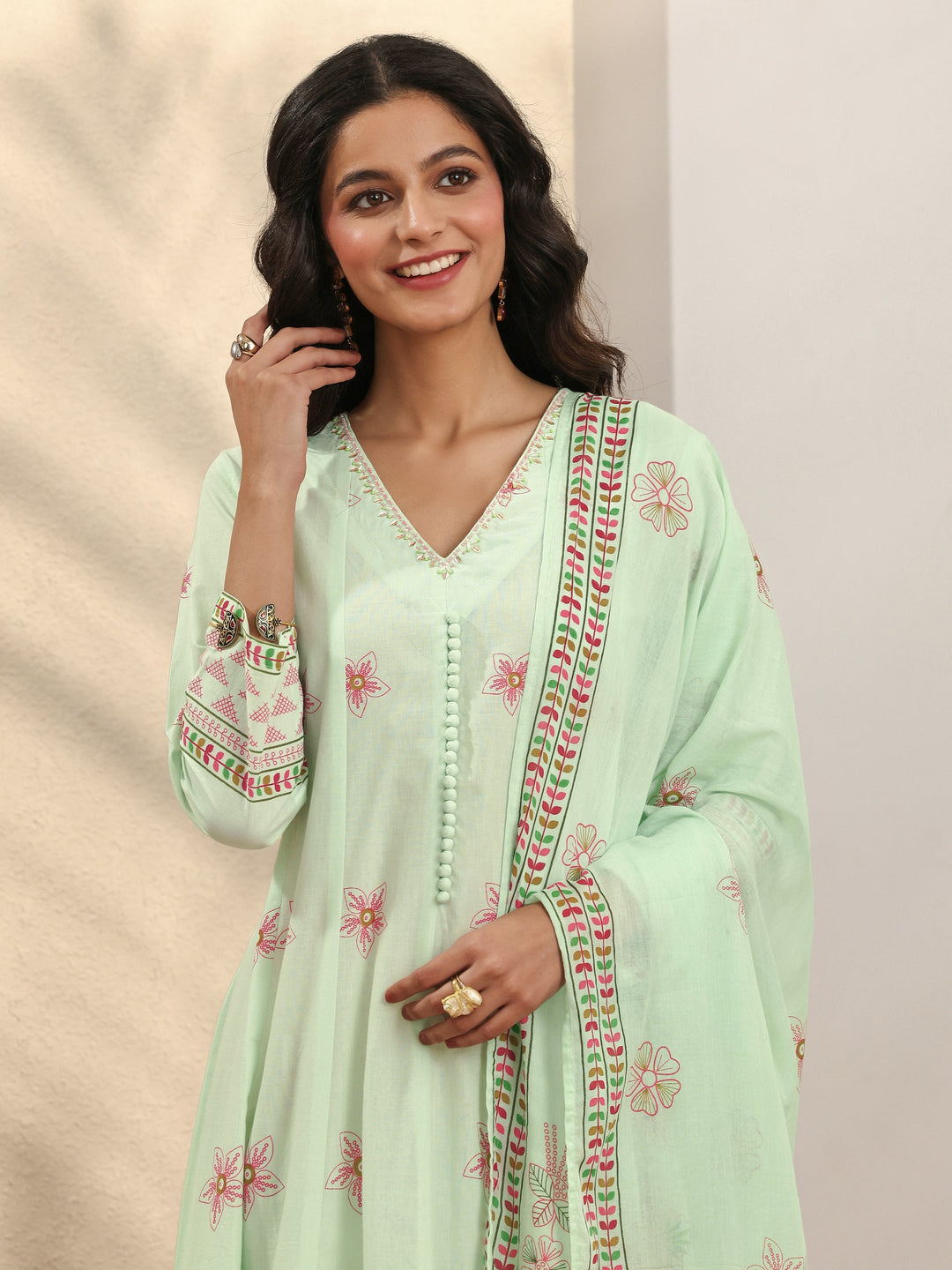 Green Printed Cotton Anarkali Suit Set With Dupatta