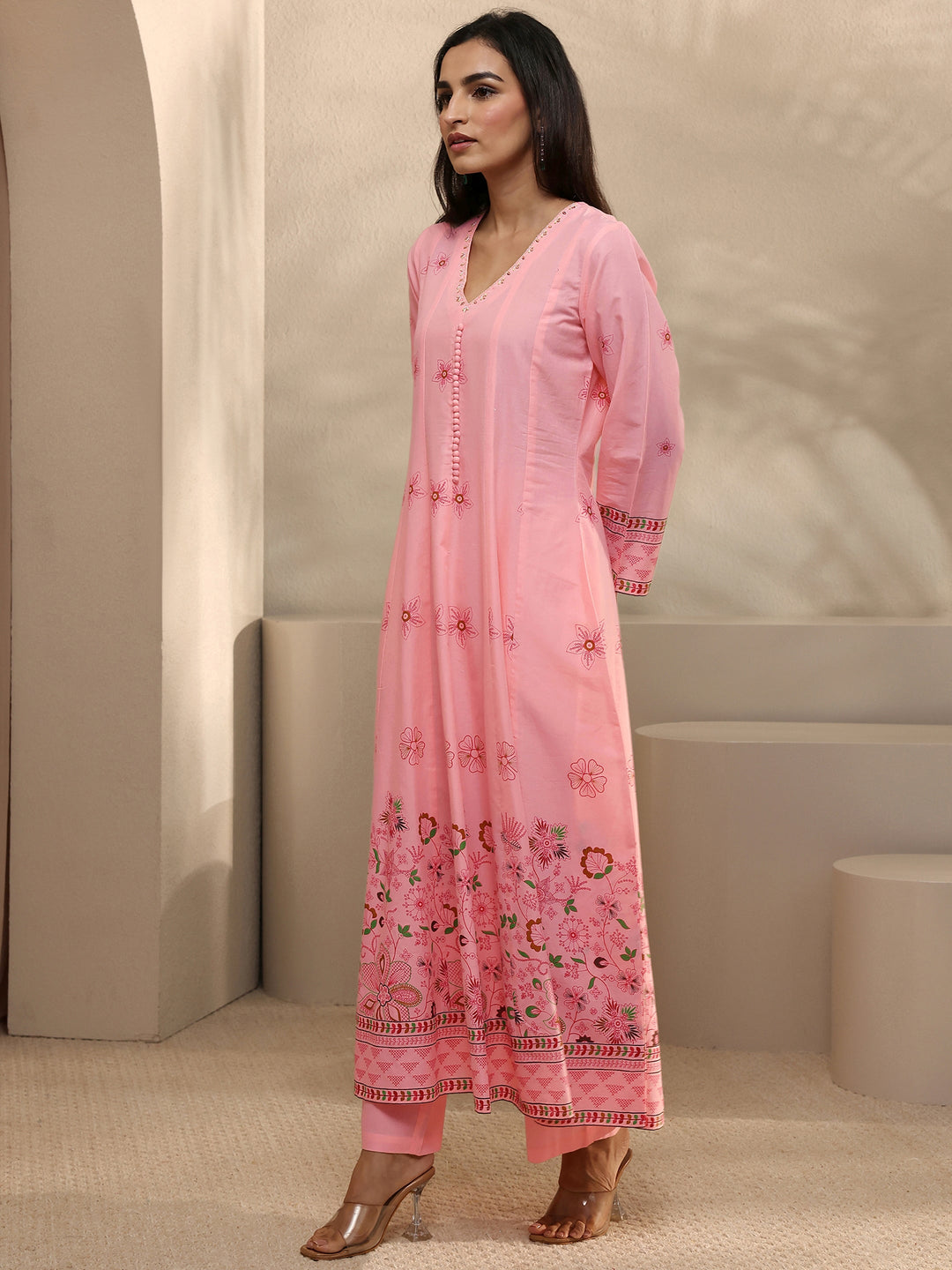 Pink Printed Cotton Anarkali Suit Set With Dupatta