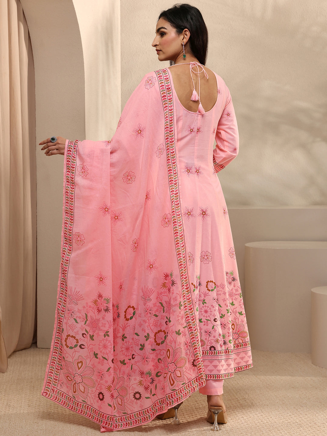 Pink Printed Cotton Anarkali Suit Set With Dupatta