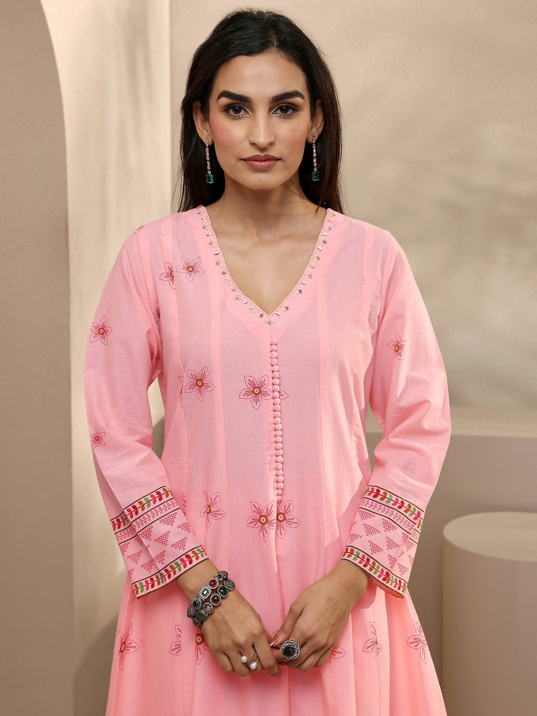 Pink Printed Cotton Anarkali Suit Set With Dupatta
