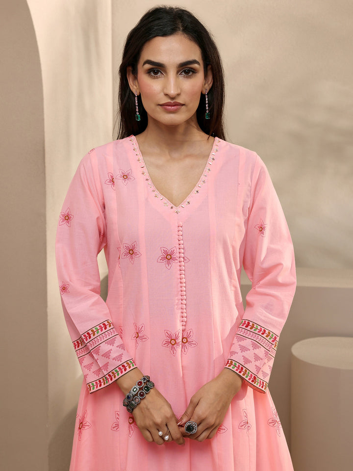 Pink Printed Cotton Anarkali Suit Set With Dupatta