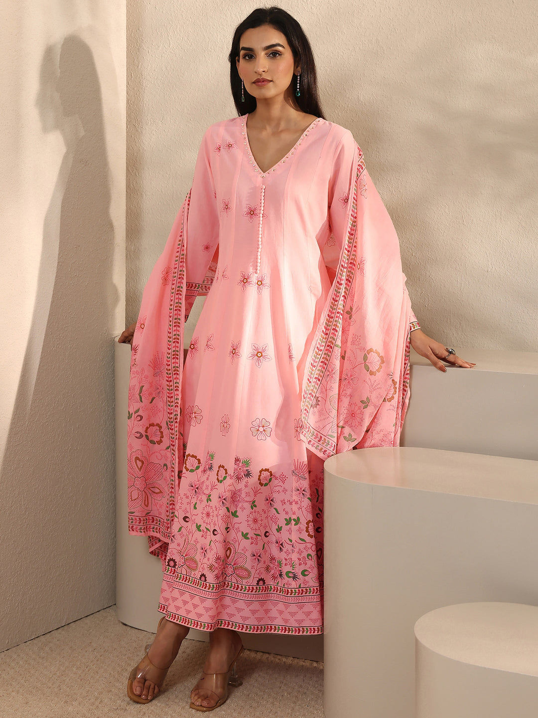 Pink Printed Cotton Anarkali Suit Set With Dupatta