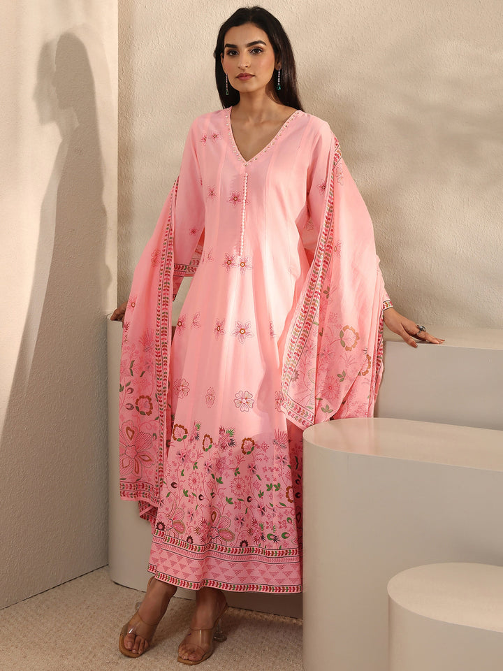 Pink Printed Cotton Anarkali Suit Set With Dupatta